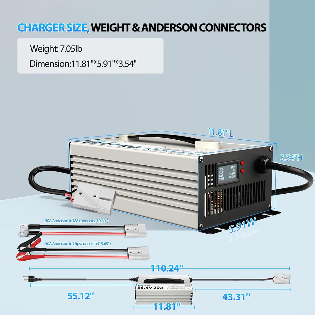 58.4V 20A LiFePO4 Ladegerät für 48 V (51.2 V) LiFePO4 Batterien Smart Batterieladegerät mit LCD/LED