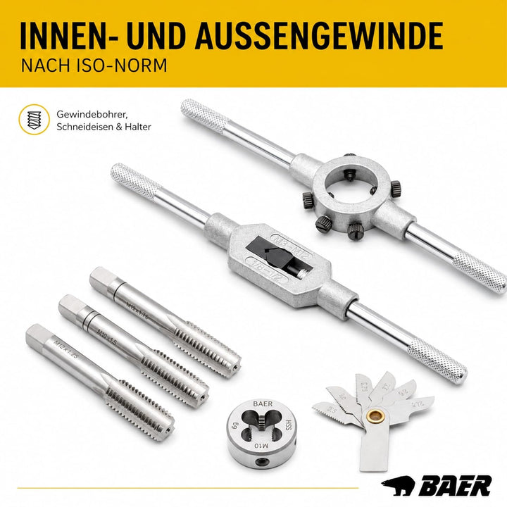 BAER Gewindeschneider Set HSS M3 - M12 - Gewindebohrer - Innengewinde + Aussengewinde - Gewindeschne