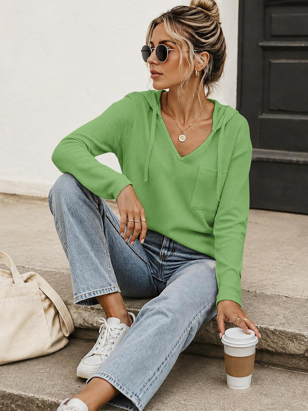 Cuptacc Pullover Damen Hoodie Langarm V Ausschnitt Pullover Sweatshirt Kapuzenpullover Einfarbig Dra