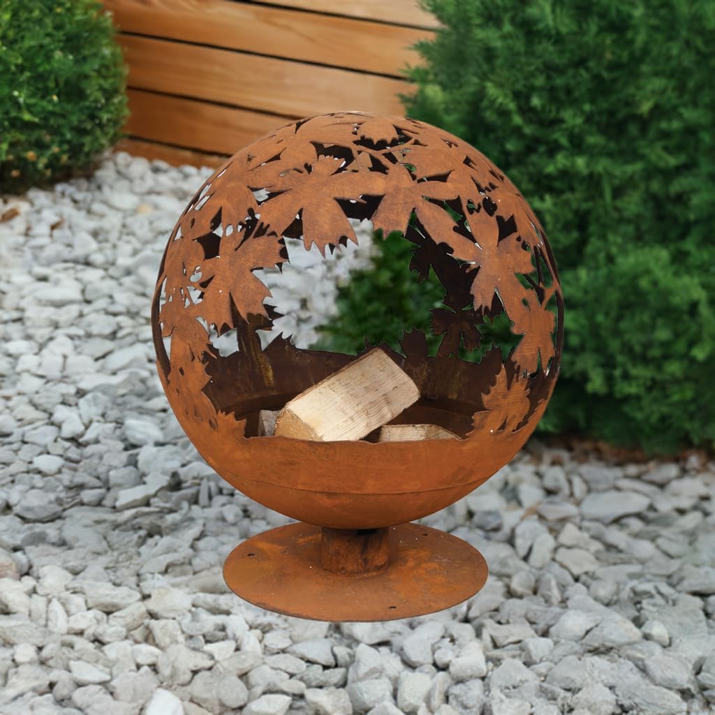 Jet-Line Feuerstelle World Firebowl Kugel in Rostoptik Motiv Blätter 58 x 58 x 66 cm Feuerball Garte