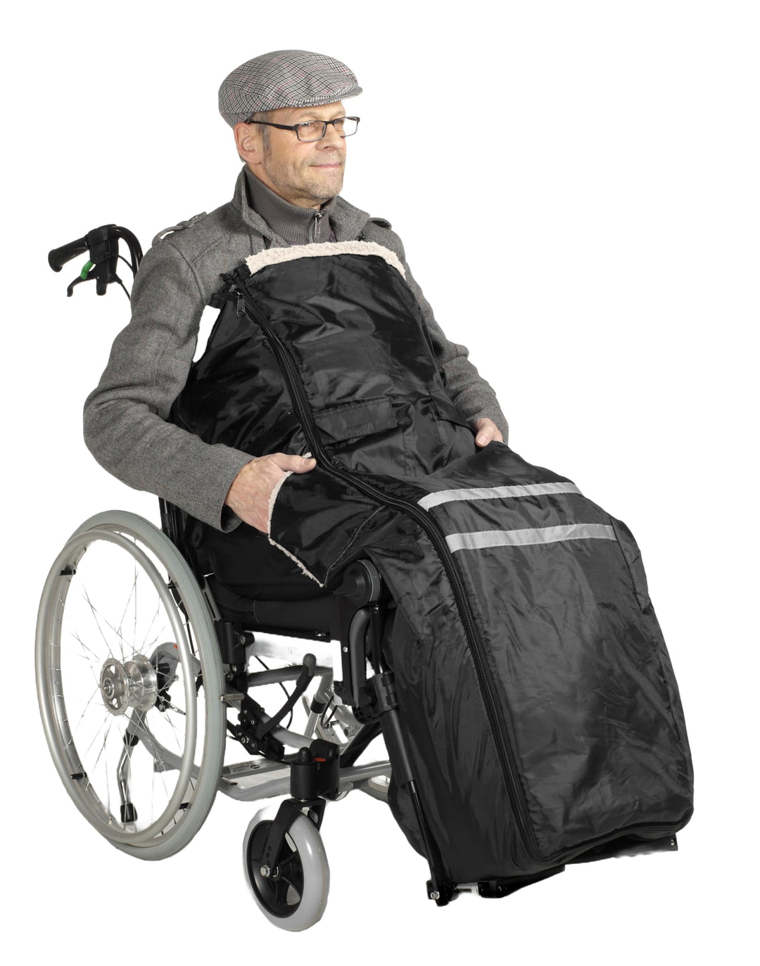 Rollstuhlsack Schwarz mit Webpelz gefüttert mit Anti Rursch Noppen & Regenponcho