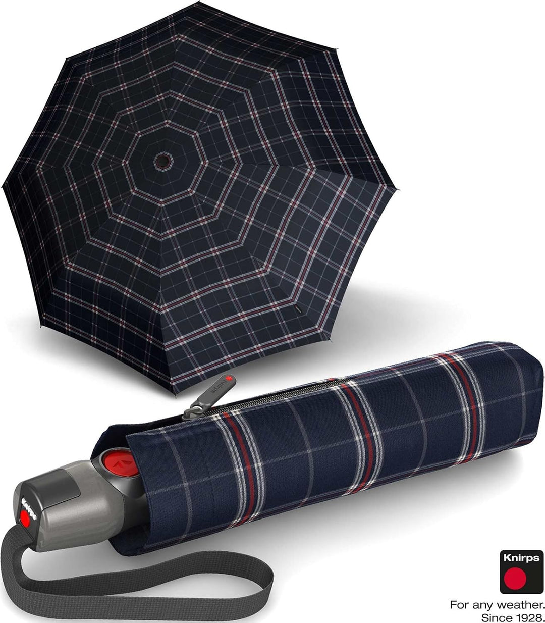 Knirps T.200 Taschenschirm Duomatic Check Navy - inkl. Futteral im Schirmdesign - Hochqualitative Ve