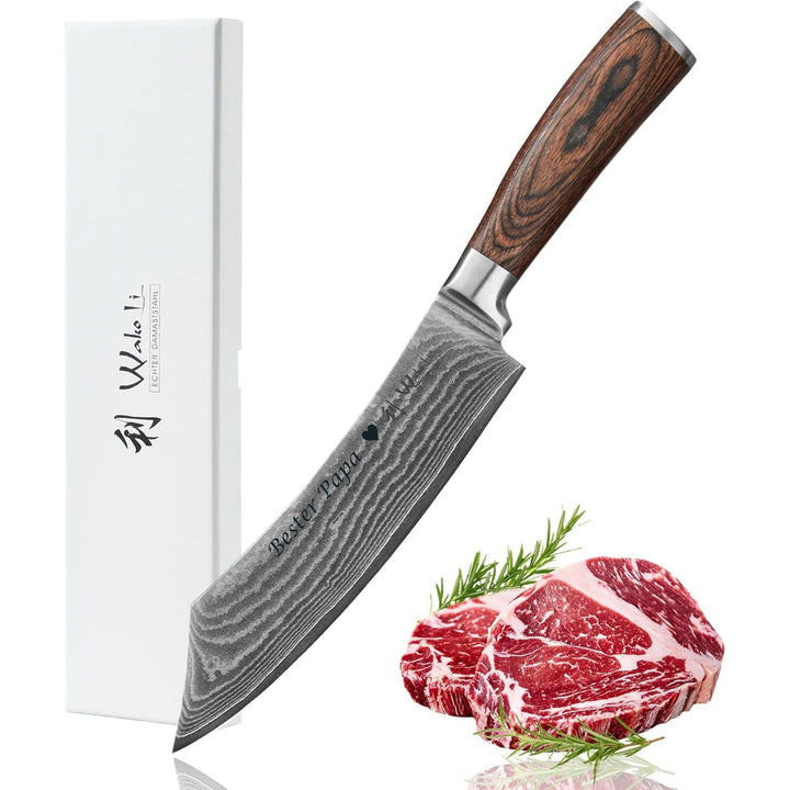 Wakoli EDIB Damast BBQ- und Blockmesser mit Gravur – Personalisiertes Messer, 20cm Klinge aus 67 Lag