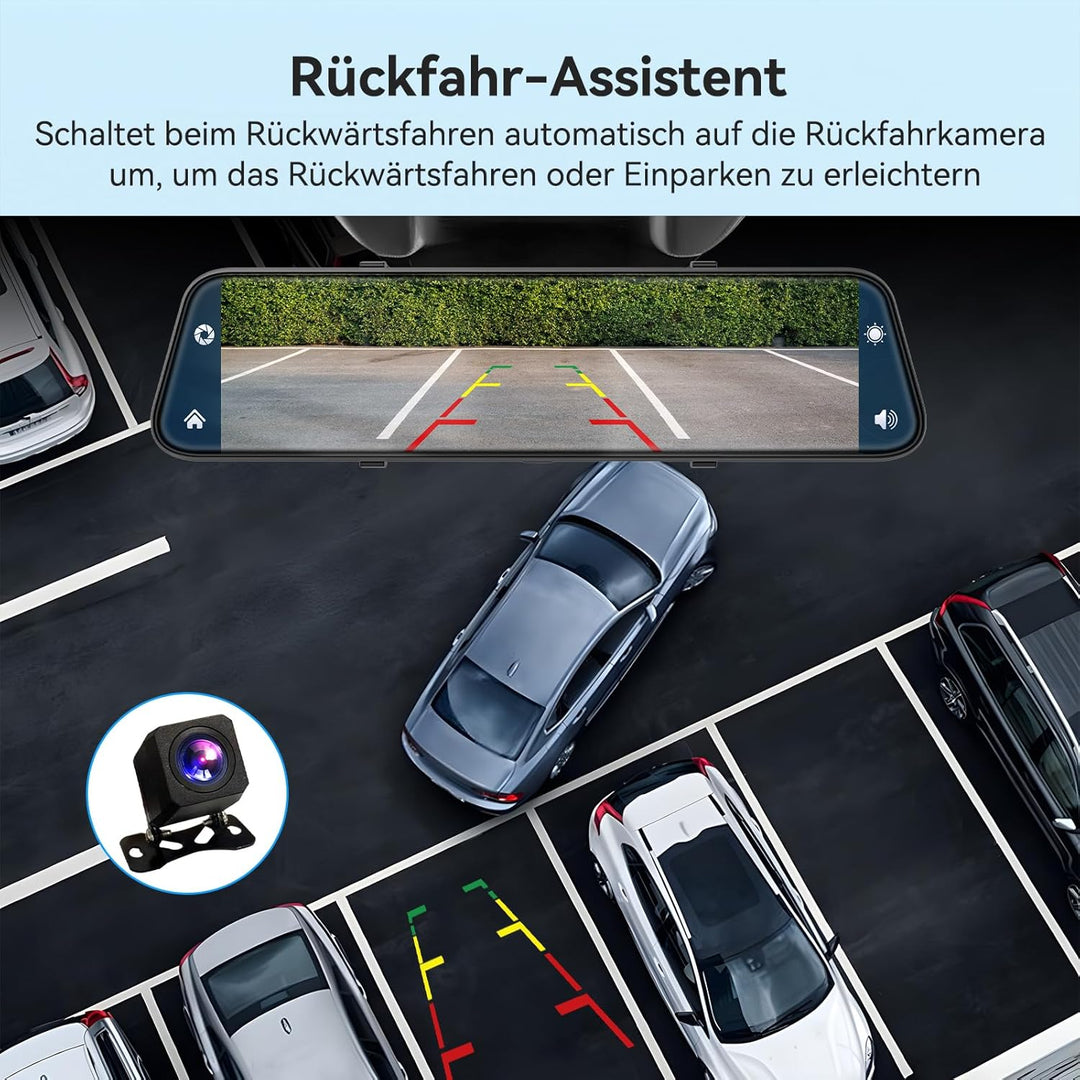 Herilary 12 Zoll 4K Rückfahrkamera Spiegel mit Wireless Android Auto CarPlay, Dashcam Spiegel mit G-
