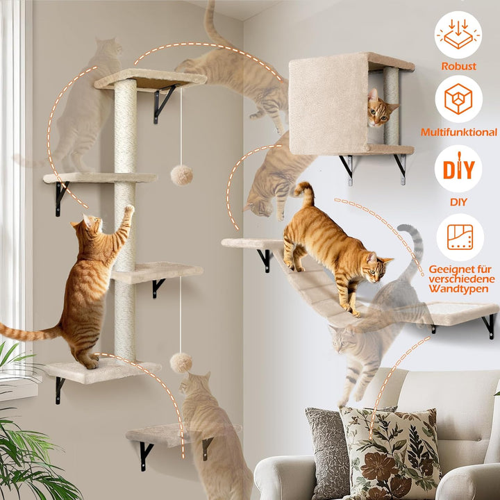 Kletterwand Katzen, 10-Teilig Katze Wandelemente, Stabiler Katzen Kletterwand aus Spanplattenmateria