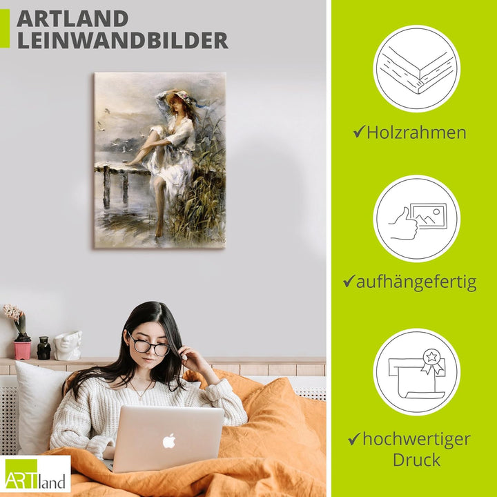 ARTland Leinwandbilder Wandbild Bild auf Leinwand 45x60 cm Wanddeko Frau Natur See Landschaft Steg G