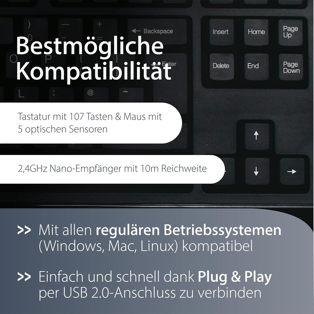 MediaRange kabelloses Funk-Tastatur und 5 Tasten Funk-Maus Set, QWERTY (englisch/UK) Layout, PC Tast