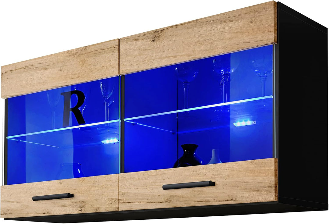 Komodee, Vitrine Schrank Savona, Wotan/Schwarz, Breite 100cm x Höhe 50cm x Tiefe 30cm, ohne LED, 2 G