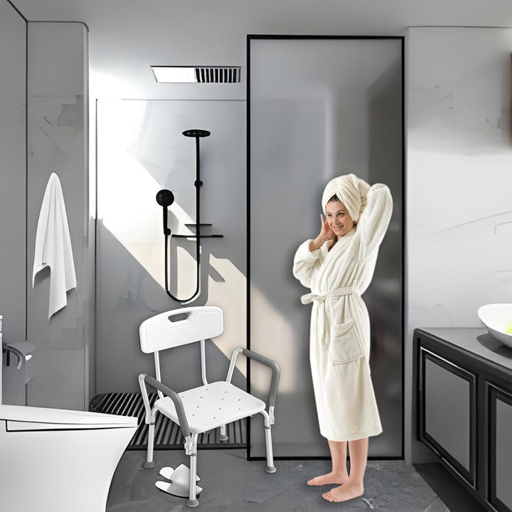 AUFUN Duschhocker Duschstuhl Höhenverstellbar Duschhocker mit Armlehne und Rückenlehne Anti-Rutsch B