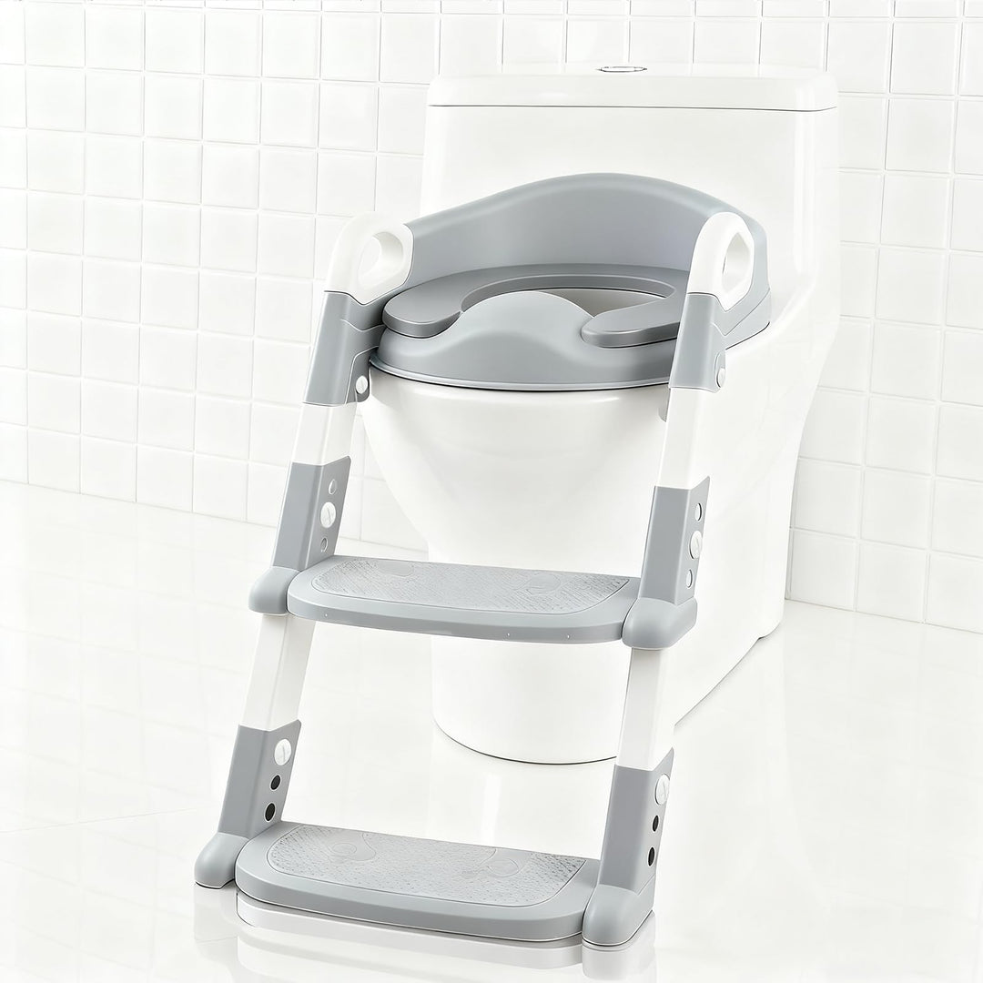Kinder Toilettensitz mit Leiter – Faltbar, 6-fach höhenverstellbar, PU-Sitz in Grau, rutschfest – Ki