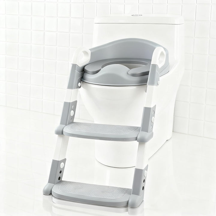 Kinder Toilettensitz mit Leiter – Faltbar, 6-fach höhenverstellbar, PU-Sitz in Grau, rutschfest – Ki