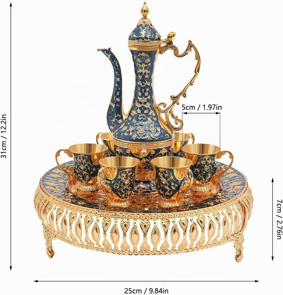 Vintage Türkische Kaffeekanne Set,Metallteekannenset mit 6 Kaffeetassen und Teetablett,Tee-Set Tee O