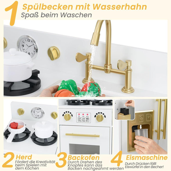 COSTWAY Kinderküche mit Kühlschrank, Spielküche Holz mit Herd & Spüle & Spülmaschine, Spielzeugküche