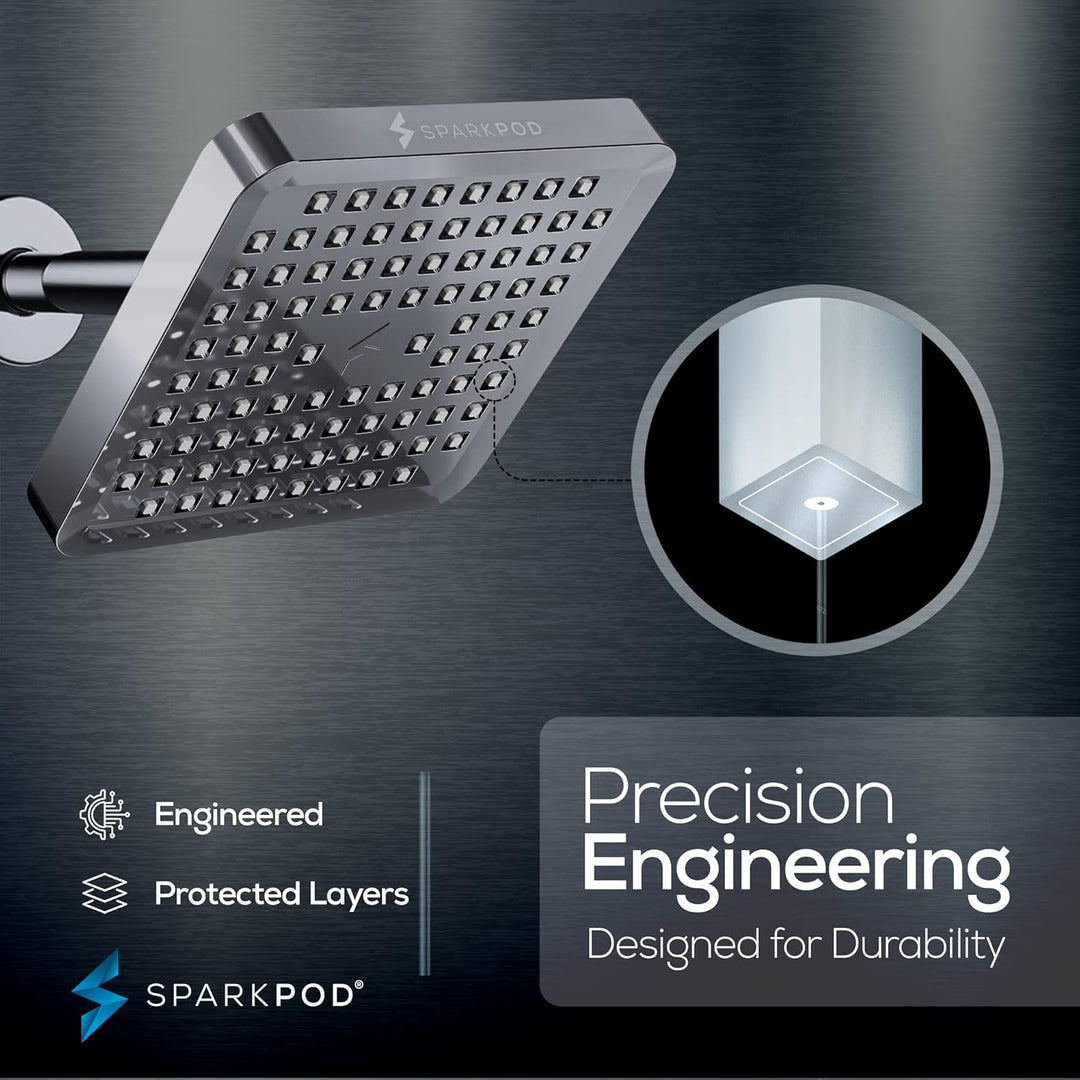 SparkPod Fixed Shower Head - High Pressure Rain - Luxury Modern Look - Easy Tool Free Installation -