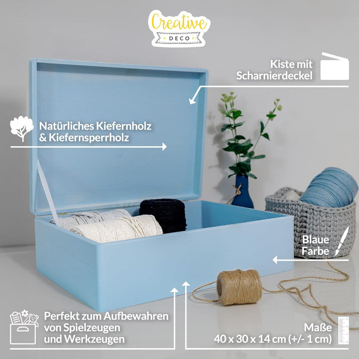 Creative Deco XL Blau Grosse Holzkiste mit Deckel | 40 x 30 x 14 cm (+/- 1 cm) | Erinnerungsbox Baby