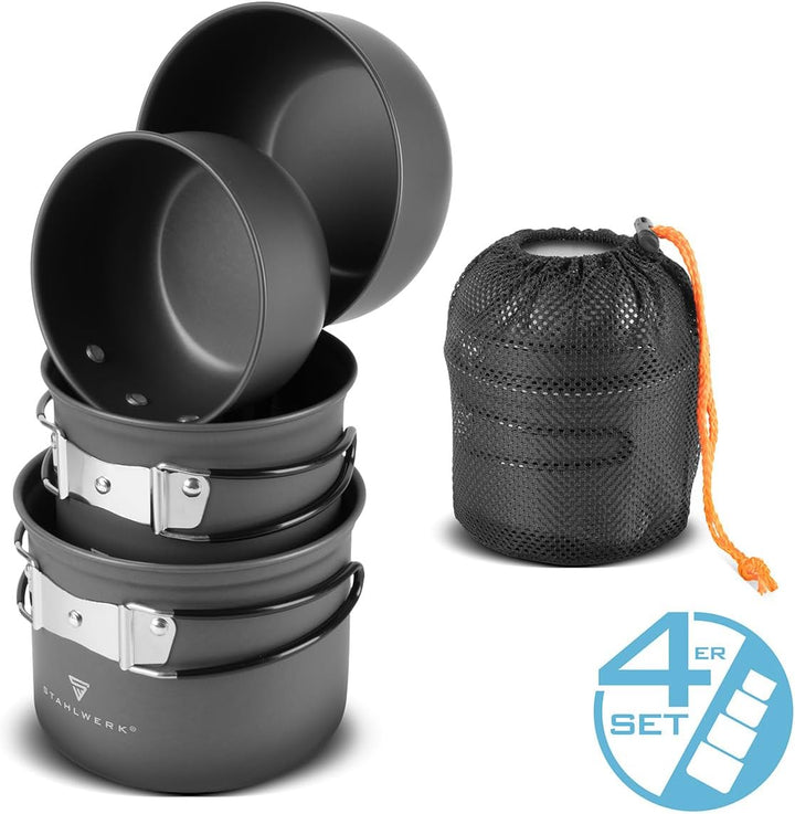 STAHLWERK Camping Kochtopf-Set 4-teilig aus Aluminium, Outdoor Kochgeschirr mit Antihaftbeschichtung
