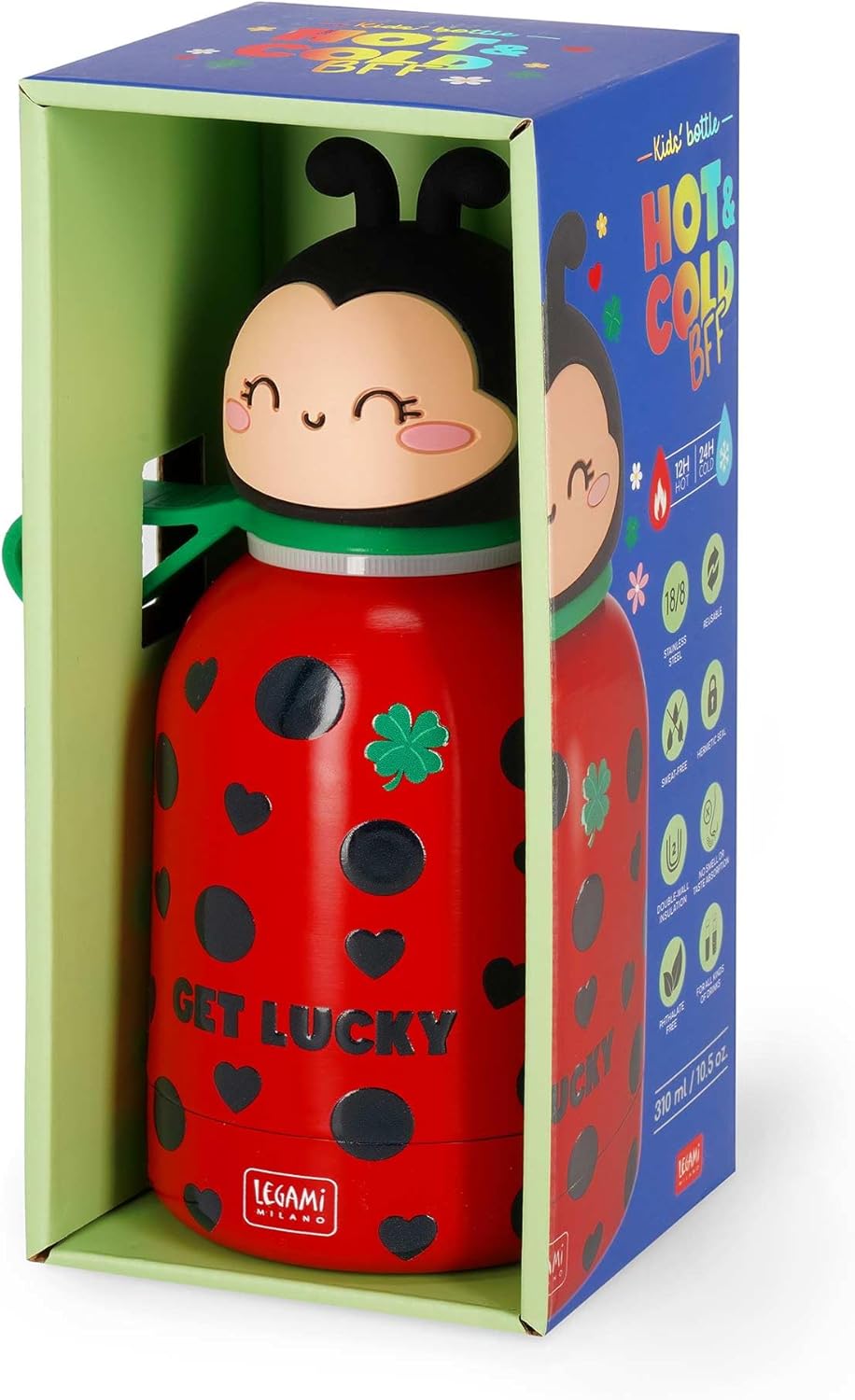 Legami - Hot&Cold BFF Kinder-Wasserflasche, Ladybug, doppellagig aus 18/8 Edelstahl mit luftdichtem