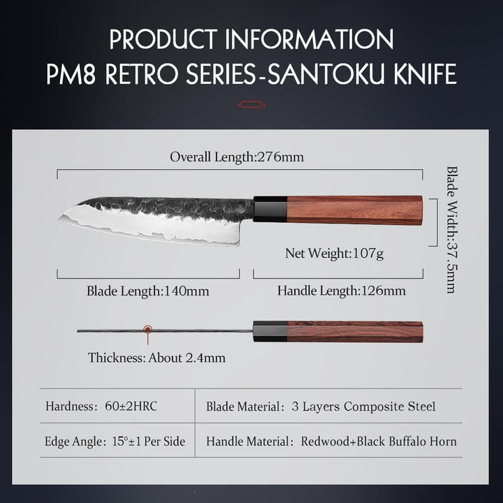 HEZHEN Kleines Santokumesser, Ultra-Scharfes Allzweck-Gyutomesser im Japanischen Stil, Achteckiger G