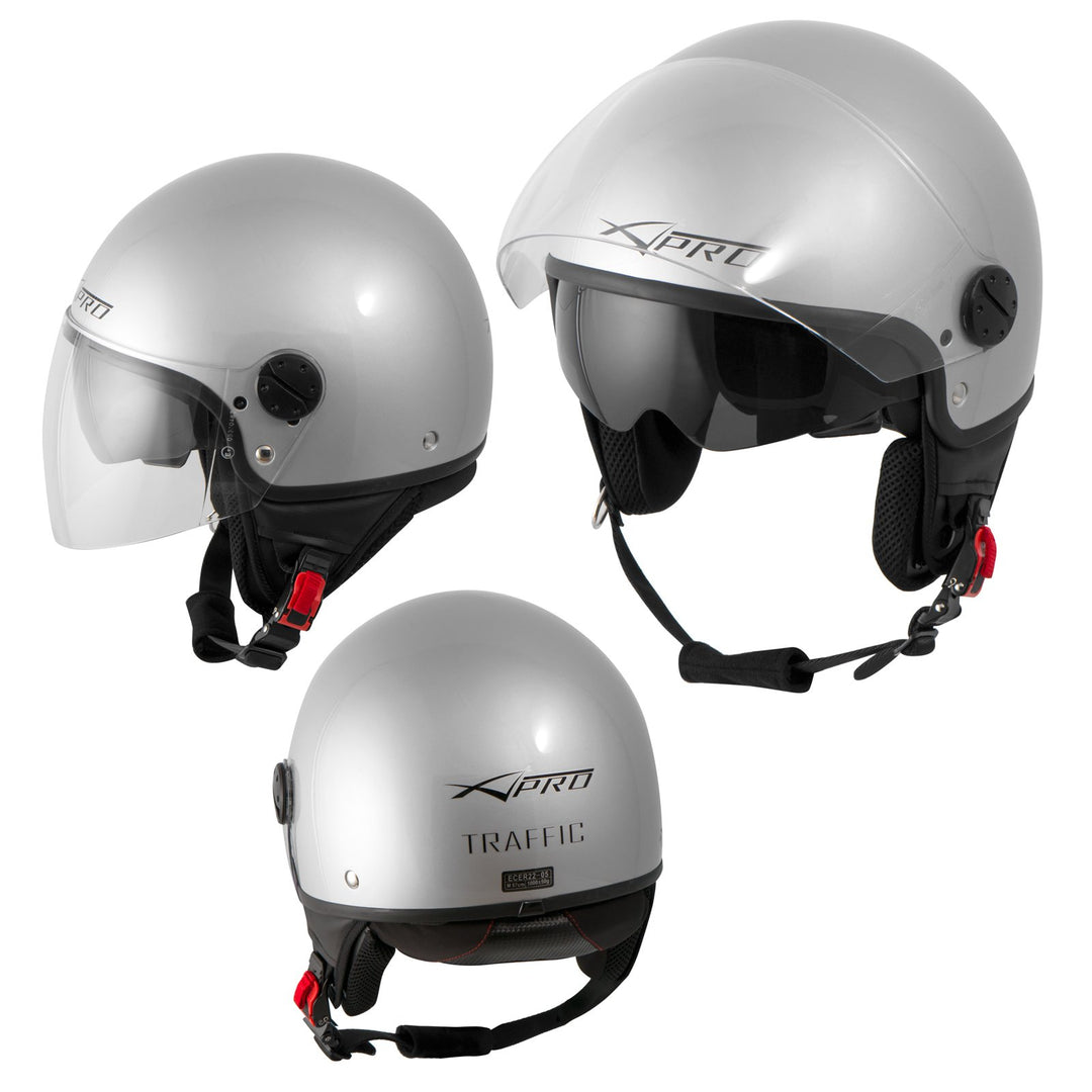 Motorradhelm Motorrad Roller Jet Helm Innensonnenblende 2 Viser SonicMoto 60 cm (XL) Silber, 60 cm (