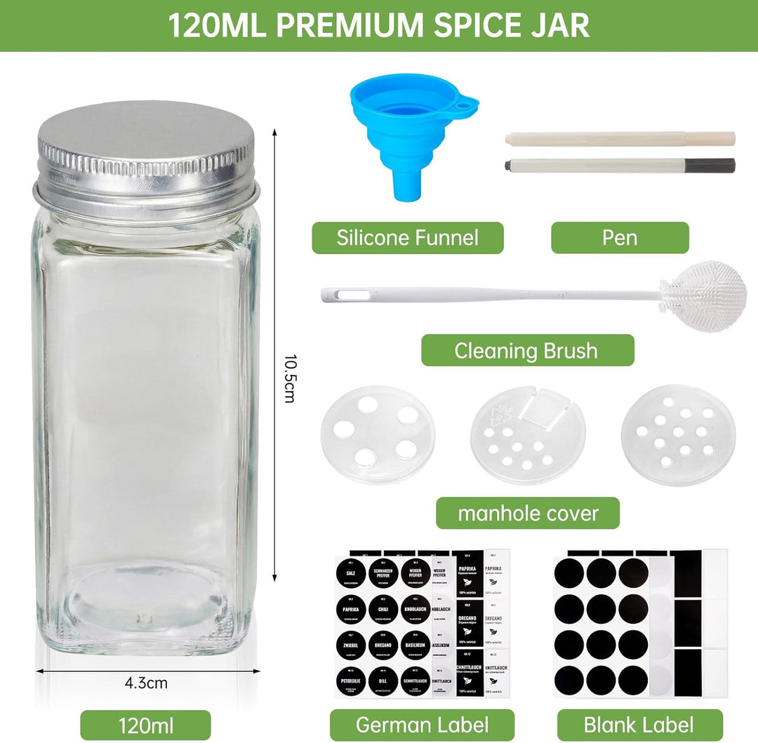 Gewürzgläser Eckig Set, 24er 120ml Gewürzdosen Glas, Gewürzbehälter Gewürzstreuer Mit Weiss Deckel,