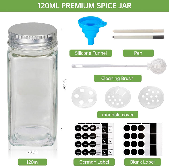 Gewürzgläser Eckig Set, 24er 120ml Gewürzdosen Glas, Gewürzbehälter Gewürzstreuer Mit Weiss Deckel,