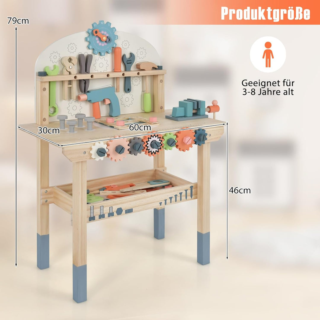 COSTWAY Werkzeugbank für Kinder, Spielwerkbank Holz mit magnetischem Gestell, Ablageregal & Zubehör,