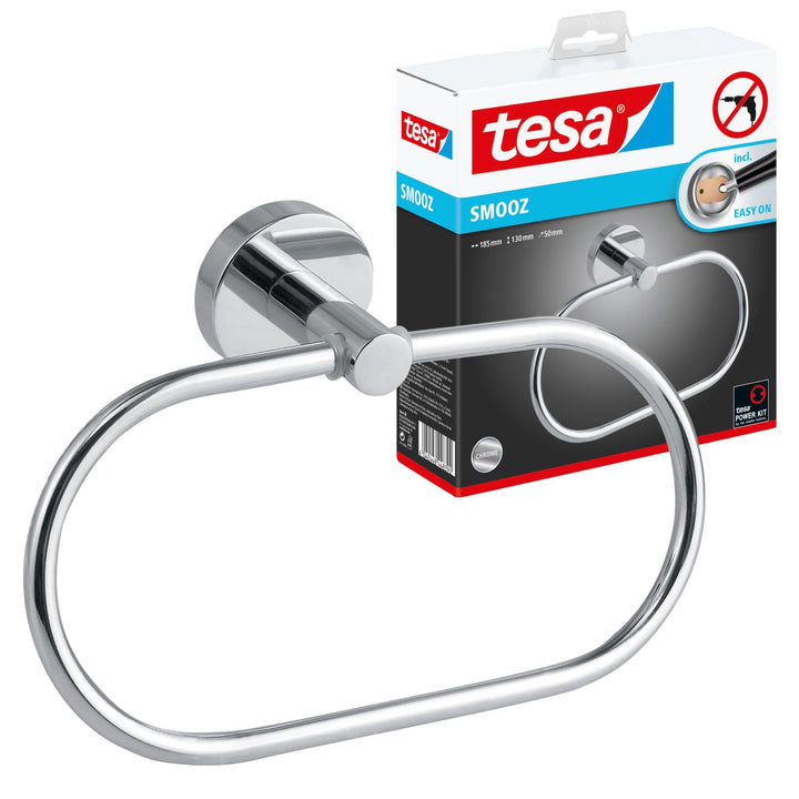 tesa SMOOZ Handtuchring, verchromt - Handtuchhalter-Ring oval - zur Wandbefestigung ohne Bohren, ink
