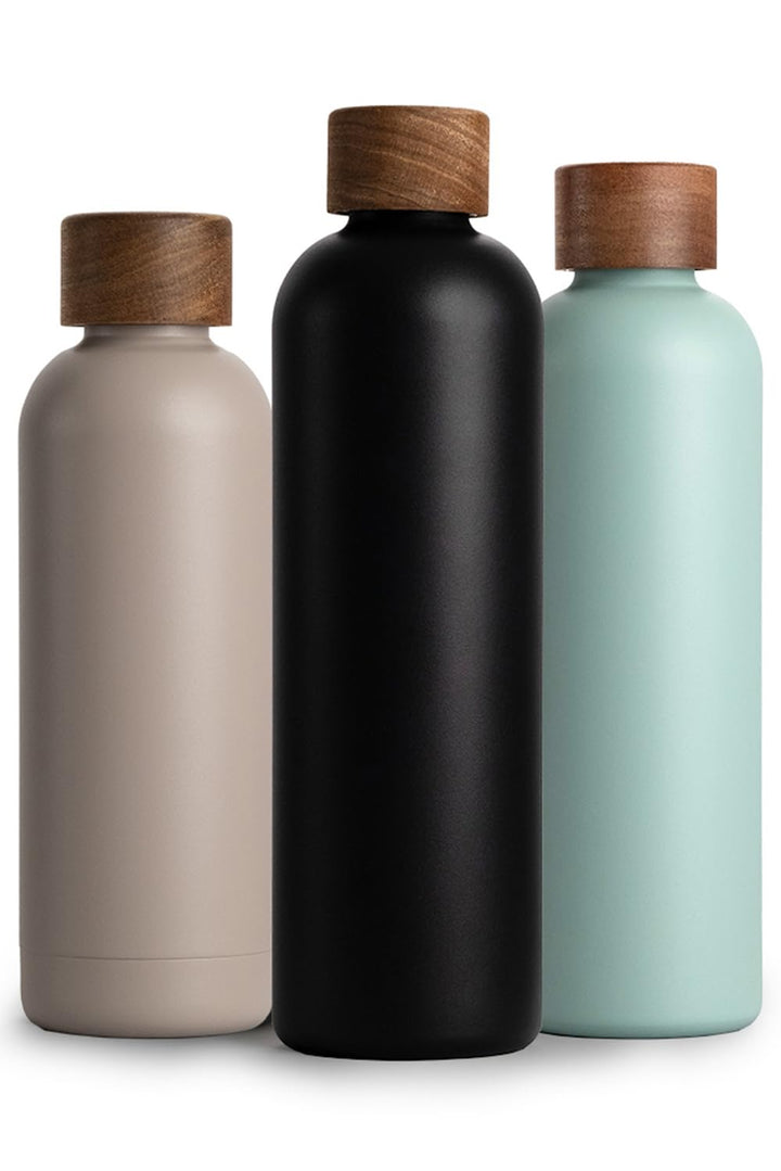 T&amp;N Edelstahl Trinkflasche 1 Liter, Thermosflasche 1l mit Akazienholz Deckel, Isolierte Wasserflasch