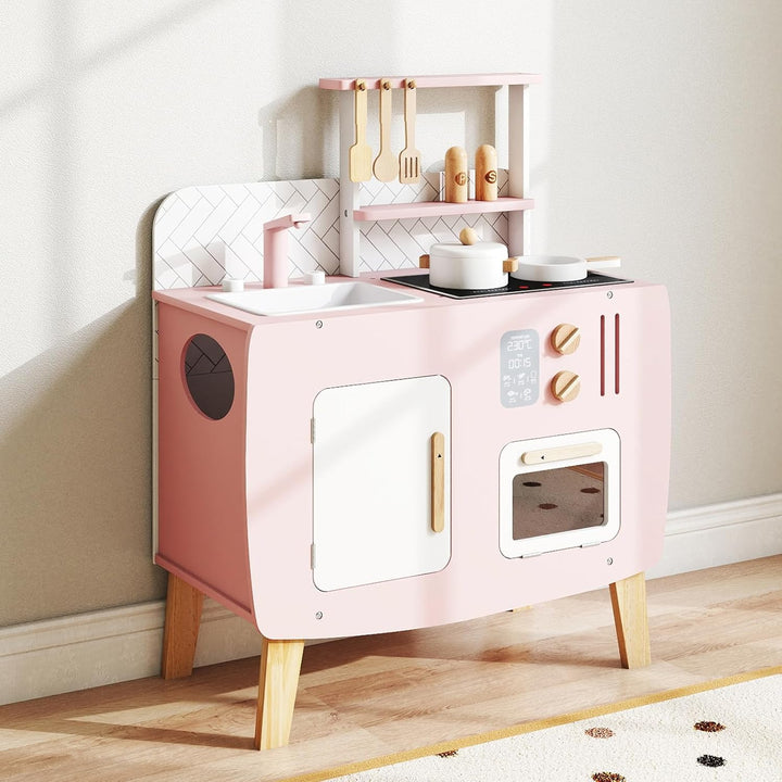 COSTWAY Kinderküche Holz, Spielküche mit Herd, Spüle, Wasserhahn & Ofen, Mini Küche mit Kochgeschirr
