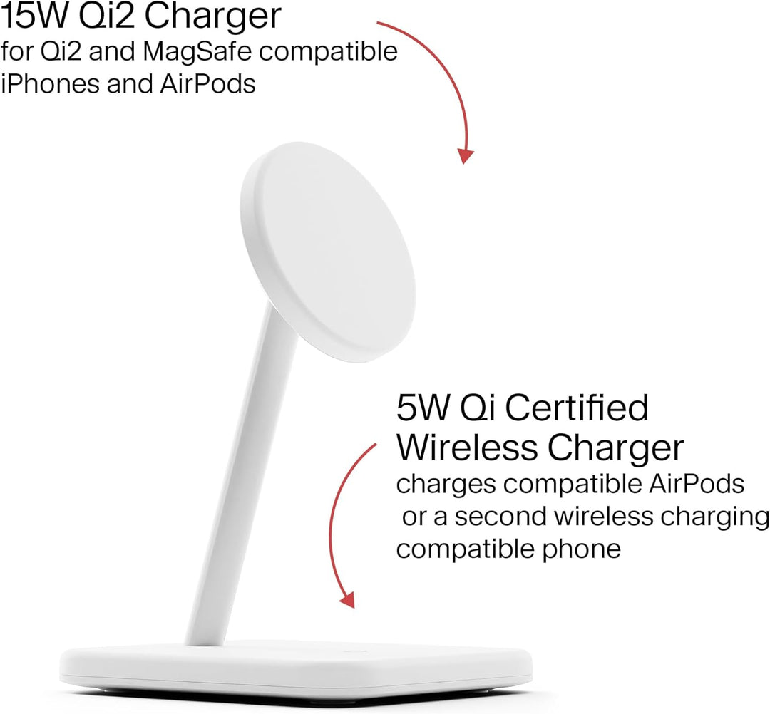 Twelve South HiRise 2 Deluxe 2-in-1-Ladeständer Qi2 für iPhone und AirPods, Weiss
