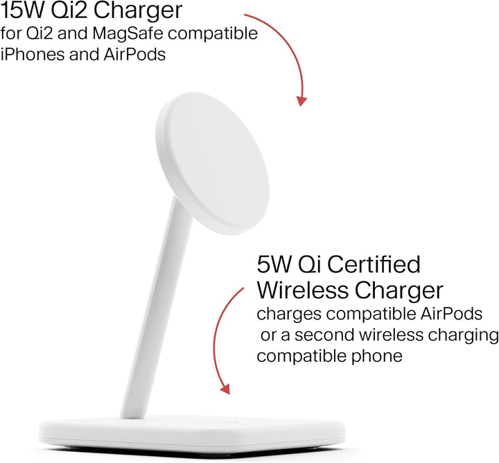 Twelve South HiRise 2 Deluxe 2-in-1-Ladeständer Qi2 für iPhone und AirPods, Weiss