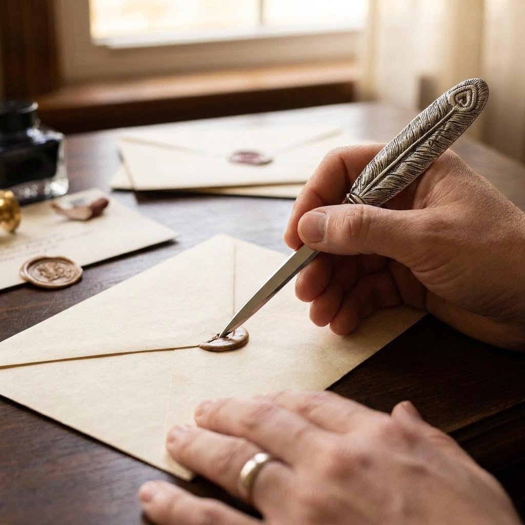 Cavagnini, Eleganter Brieföffner aus Edelstahl und Zinn, inklusive Geschenkbox (Feder) Piuma, Piuma