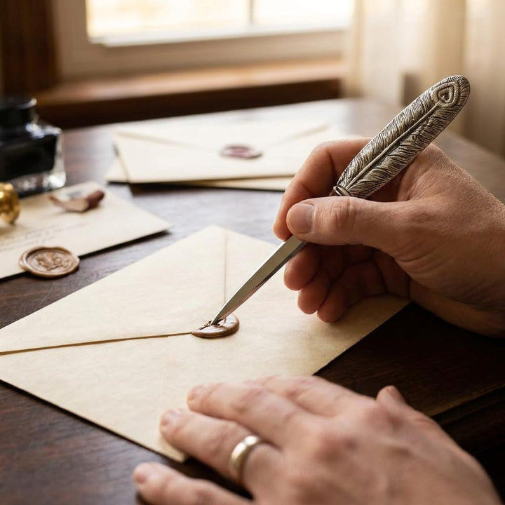 Cavagnini, Eleganter Brieföffner aus Edelstahl und Zinn, inklusive Geschenkbox (Feder) Piuma, Piuma