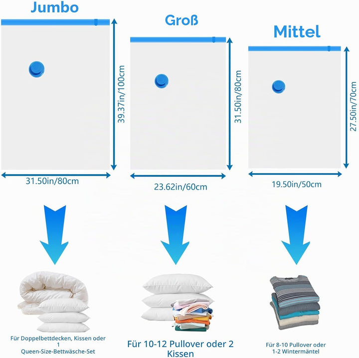 8 Stück Vakuumbeutel für Kleidung mit Elektrischer Luftpumpe, 2 * 100 x 80 cm, 3 * 80 x 60 cm, 3 * 7