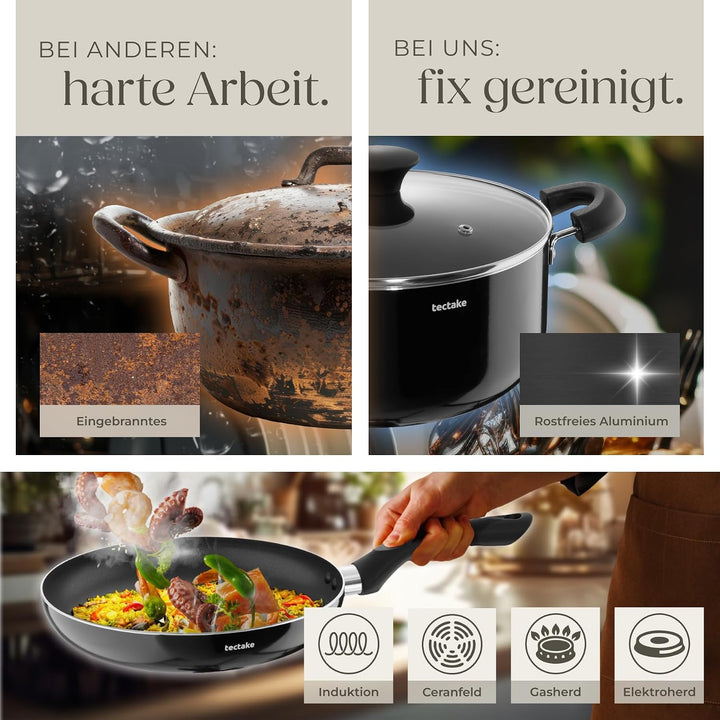 tectake® Küchenstarterset 6 Personen, Steingut Geschirr Set, Teller, 4 Töpfe 2 Pfannen rostfreies Al