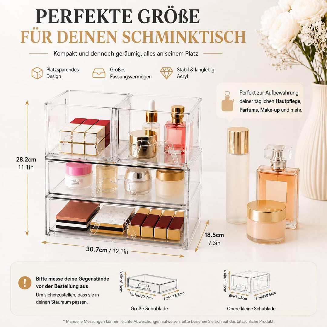4er Set Kosmetik Organizer mit Schubladen, Stapelbar, Transparent | 4 separate Boxen – einzeln, nebe