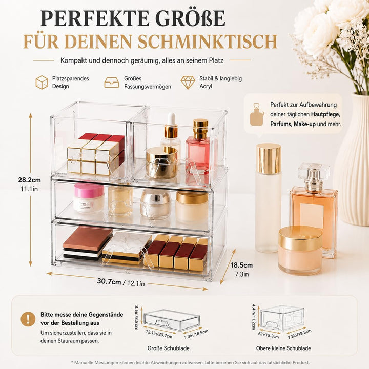 4er Set Kosmetik Organizer mit Schubladen, Stapelbar, Transparent | 4 separate Boxen – einzeln, nebe
