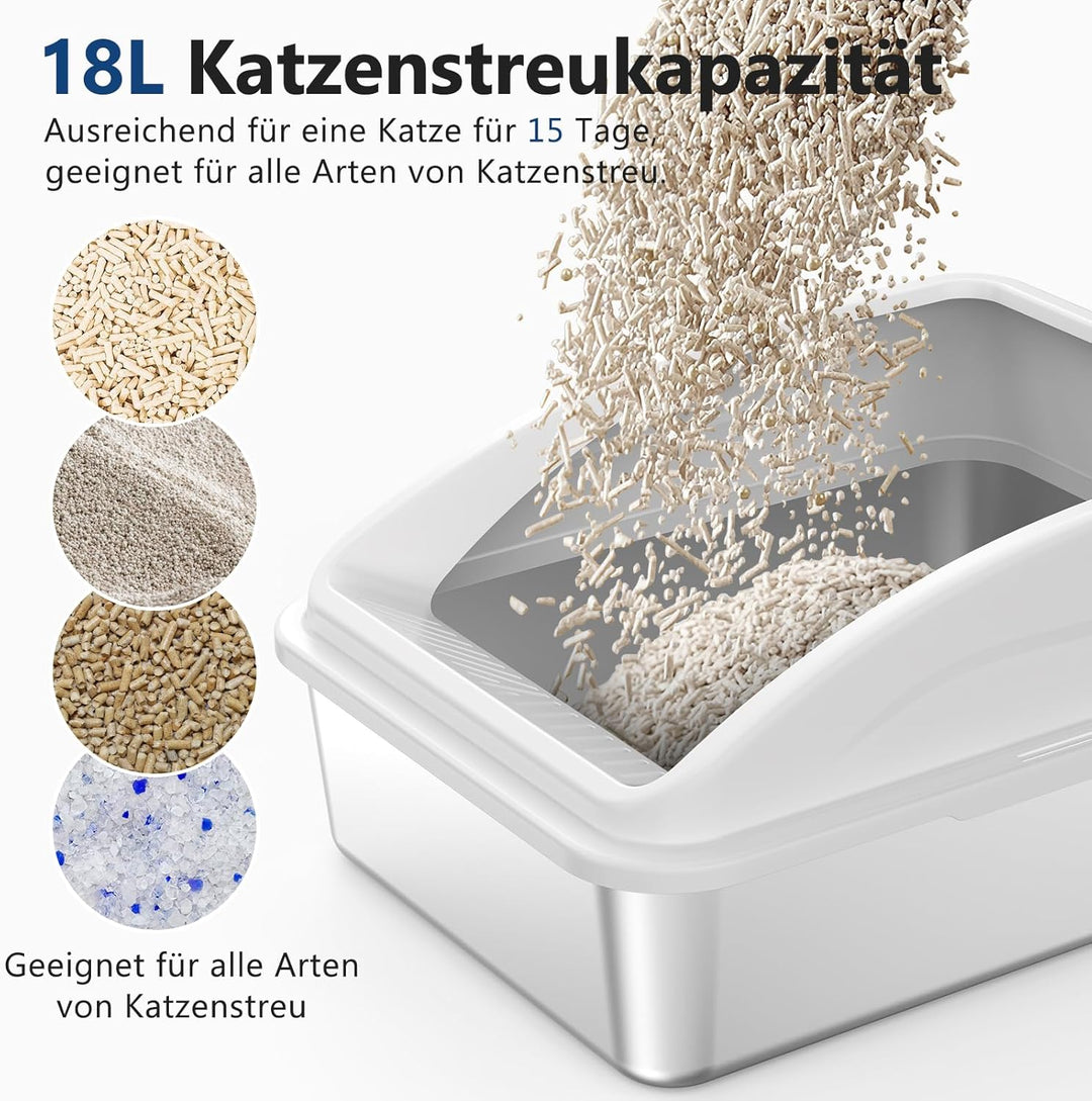 FURTIME Katzenklo Edelstahl, Katzentoilette Edelstahl 18L mit Schaufel, Katzenklo Metall mit Hochwan
