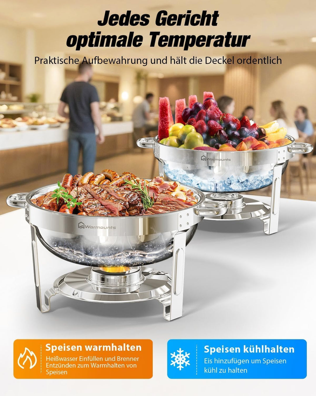 WARMOUNTS 4er Set Chafing Dish Buffet 5L, Rund Speisenwärmer für Catering mit Glasdeckel & Deckelhal