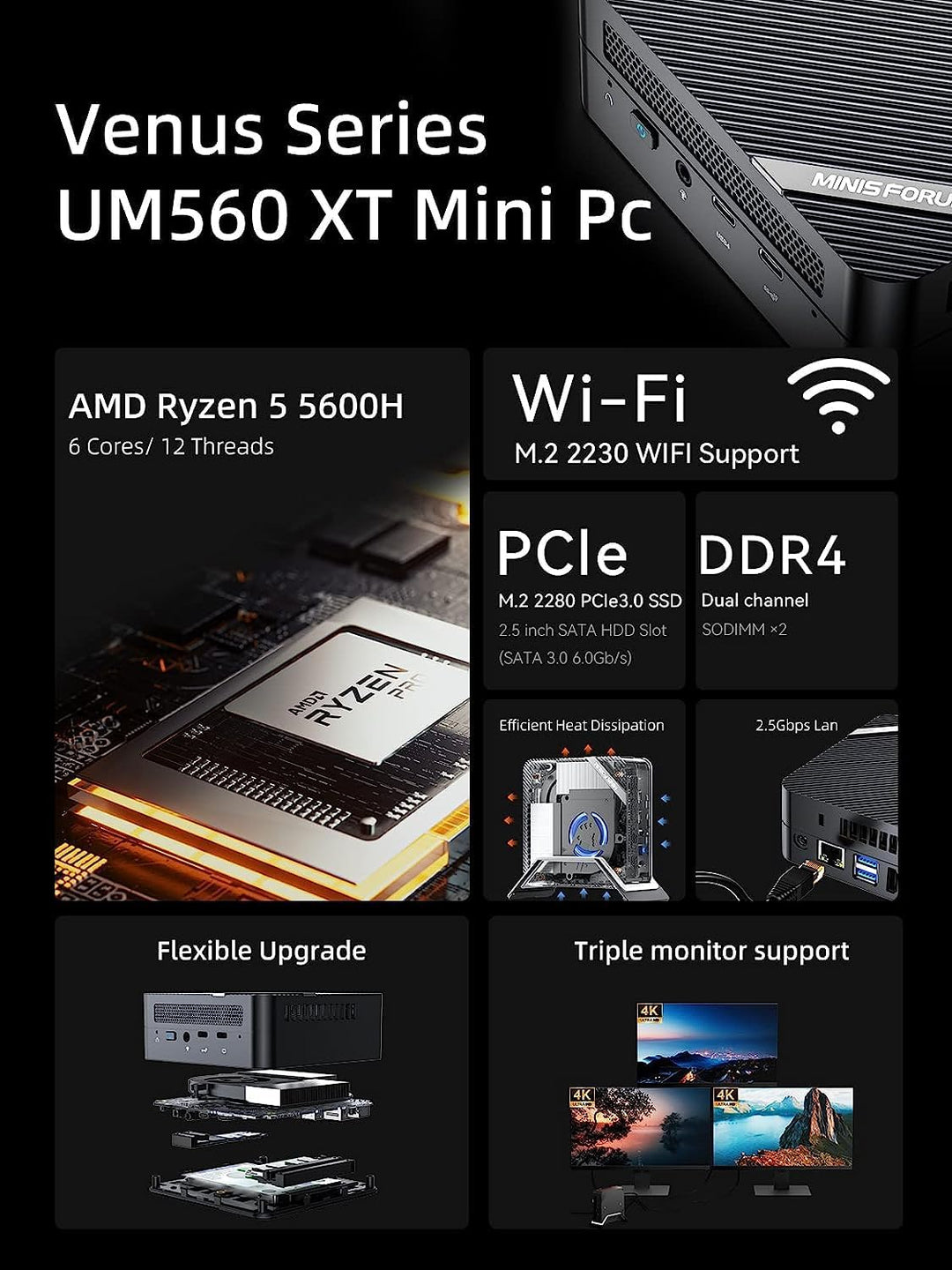 MINIS FORUM Mini PC UM560 XT AMD Ryzen 5 5600H 6 Kerne/12 Threads, 16 GB RAM, 512 GB PCIe SSD, Mini-