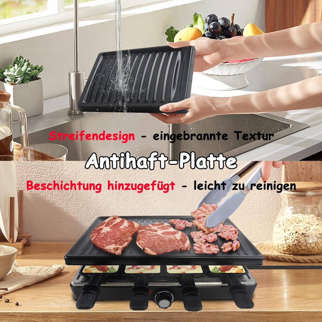 1400W Raclette Grill für 8 Personen Doppelstöckiger Tischgrill inkl. Antihaftbeschichtet, Steinplatt
