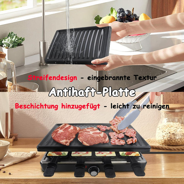 1400W Raclette Grill für 8 Personen Doppelstöckiger Tischgrill inkl. Antihaftbeschichtet, Steinplatt