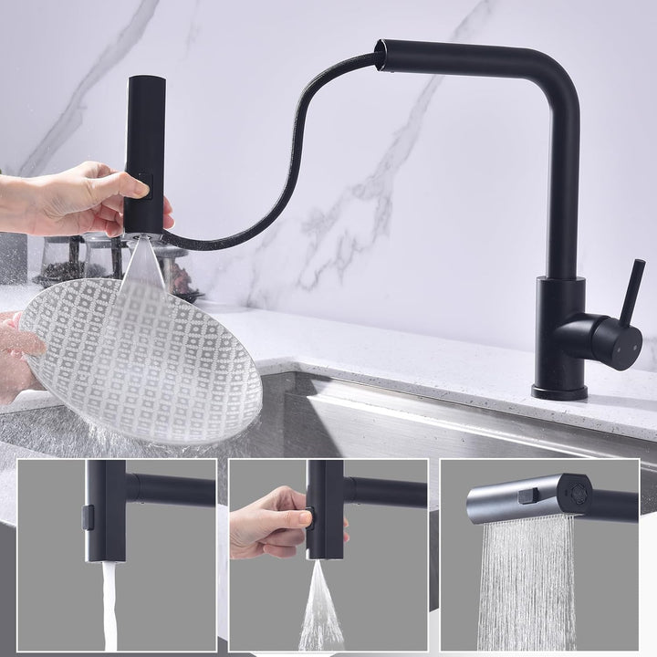 HOMELODY Wasserhahn Küche Schwarz, Küchenarmatur Ausziehbar mit 3 Strahlarten, Spültischarmatur mit