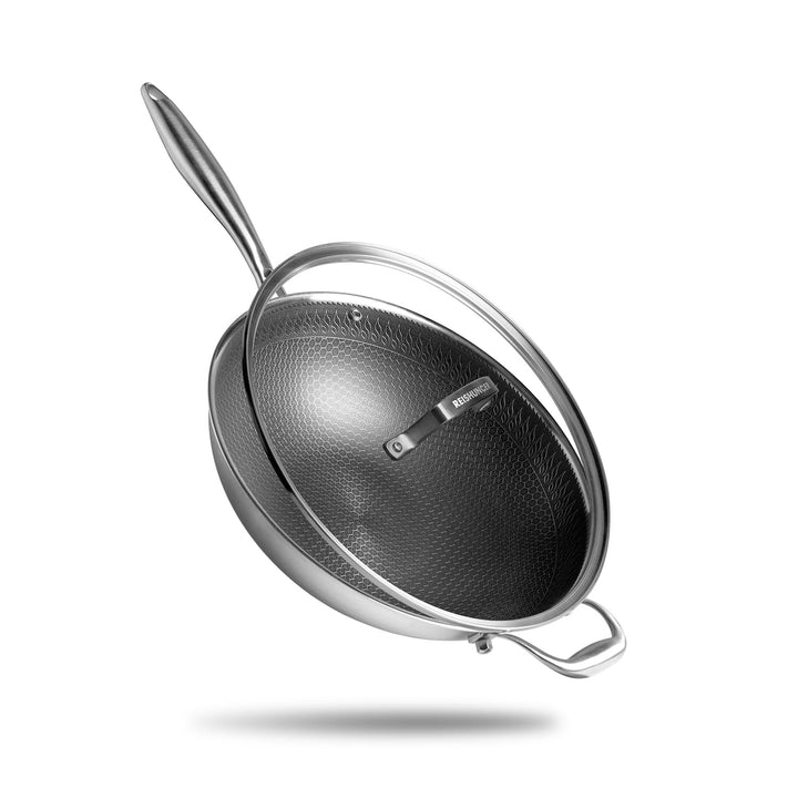 Reishunger Premium Wok aus Edelstahl | 32 cm Durchmesser | Mit Glasdeckel | Für alle Herdarten, Indu