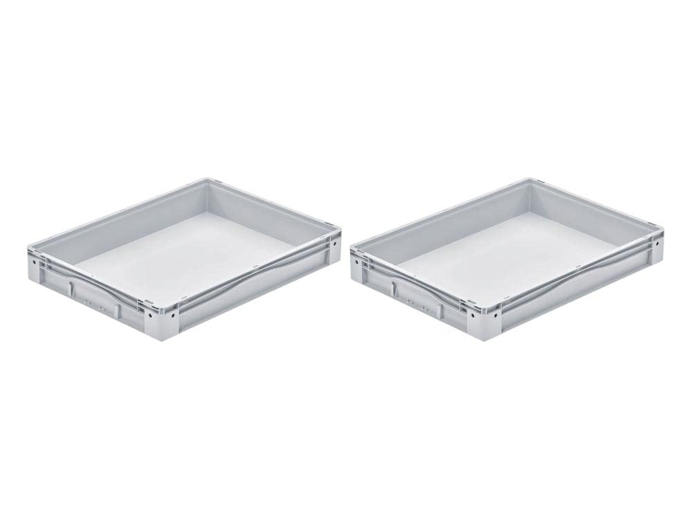 SparSet 2x Euro-Norm Grossbehälter | HxBxT 12x60x80cm | 49 Liter | Glatter Boden | Grau | Eurobehält