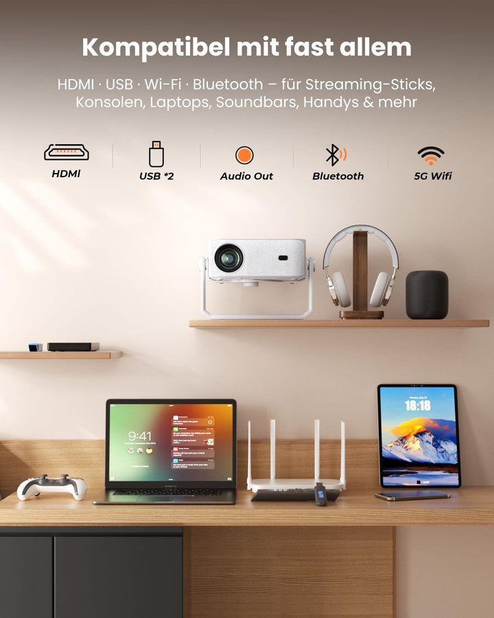 iSinbox 4K Beamer Outdoor mit Netflix, 2x20W Dolby &amp; DTS, HDR10+, WiFi 6 Weissgrau, Weissgrau