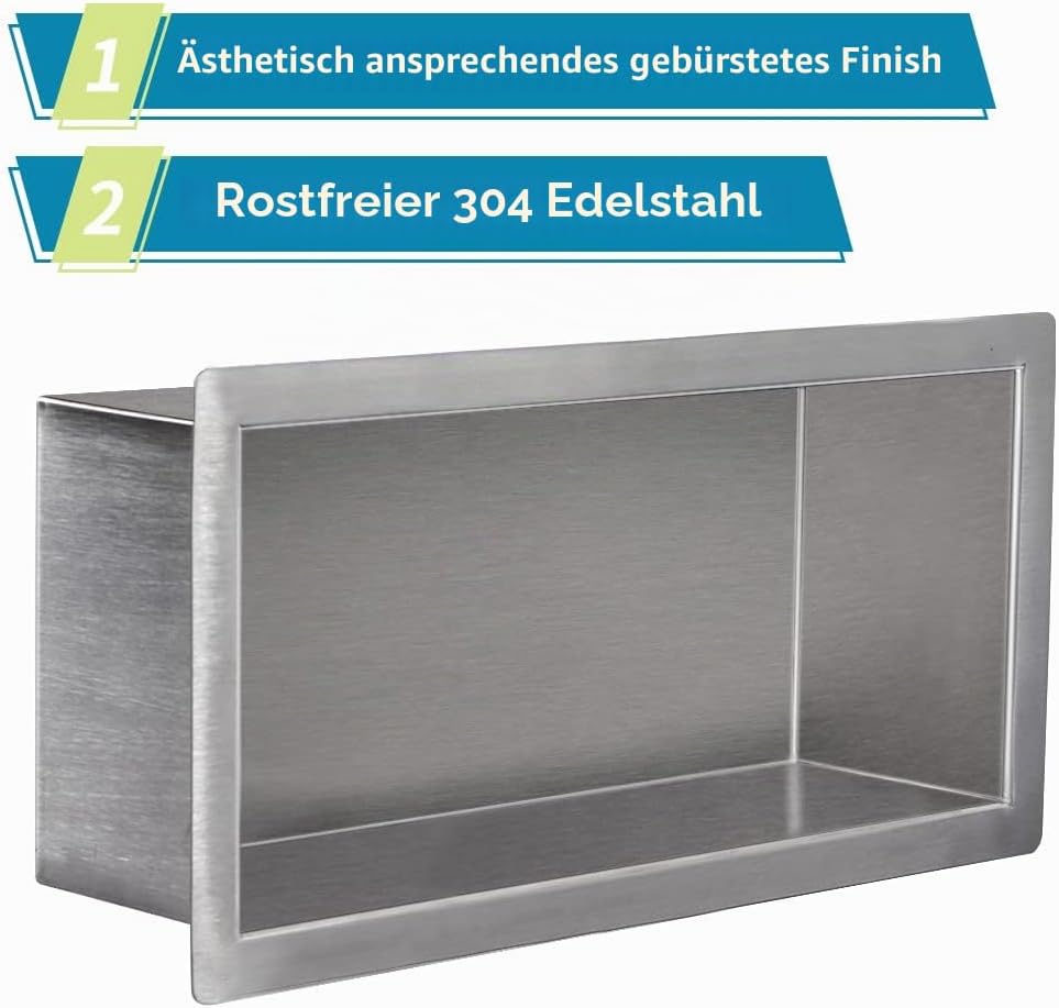 Skelang Badezimmer-Regal, Dusche, Einbau-Dusche, Edelstahl, 15 × 30 cm, Masse des Wandlochs: 13 × 28
