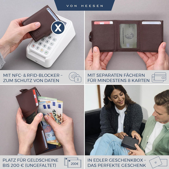 VON HEESEN Slim Wallet mit Münzfach Braun Dunkelbraun MINI MÜNZFACH (Kartenslot), Dunkelbraun MINI M