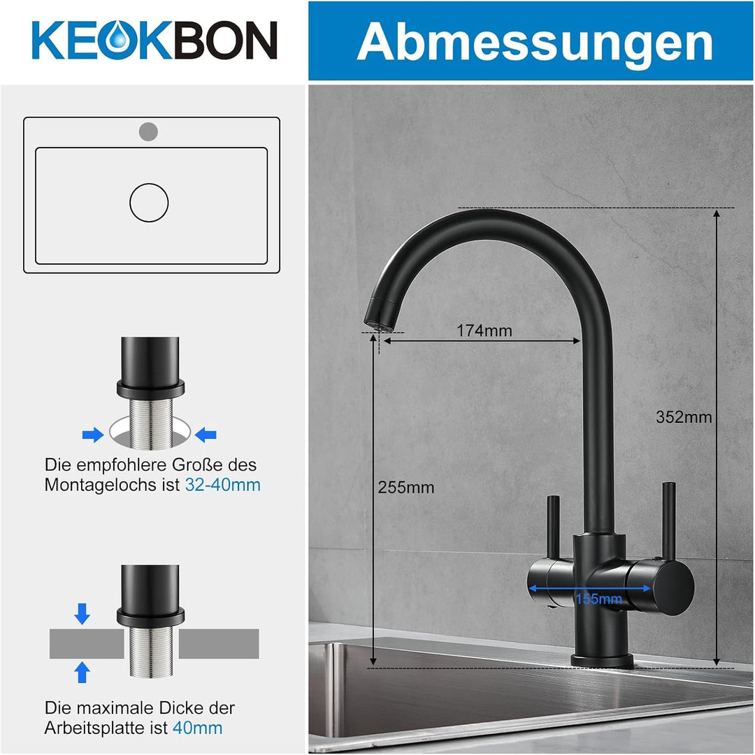3 Wege Wasserhahn Küche, 360° Drehbar Küchenarmatur, KEOKBON 3 in 1 Hochdruckarmatur für Wasserfilte
