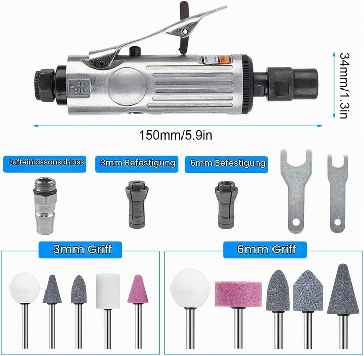 Druckluftschleifer-Set für Schleifen und Polieren, Mini Druckluft Poliermaschine, Stabschleifer Druc